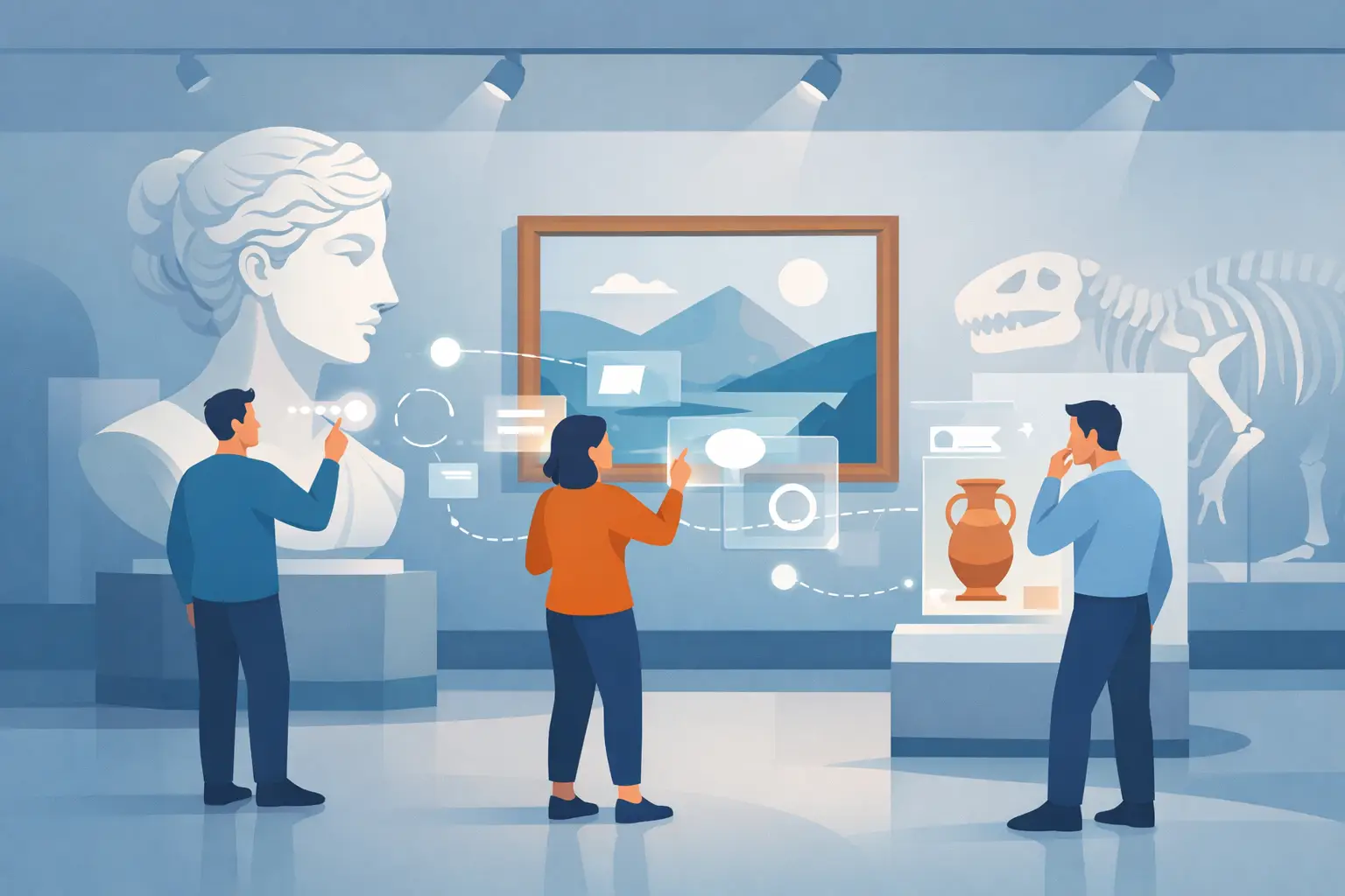 Ilustración asociada al tema “experiencia del visitante con dispositivos interactivos en el museo”