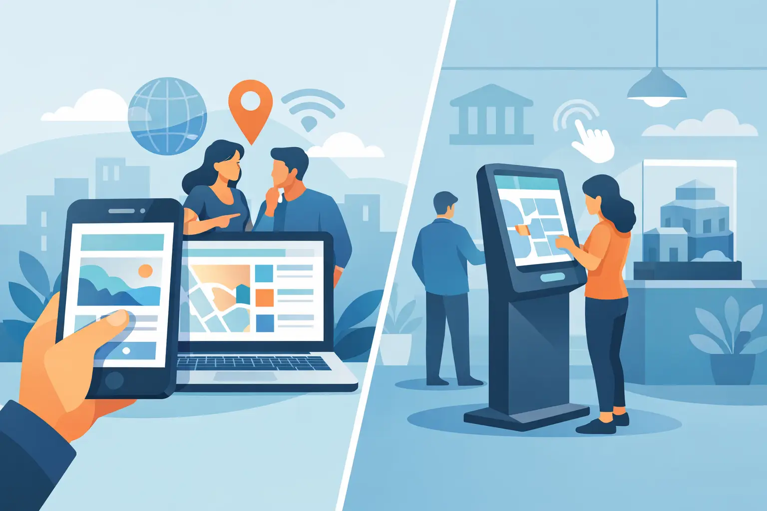 Illustrazione relativa all'argomento "App Web rispetto a terminale di visita interattivo"