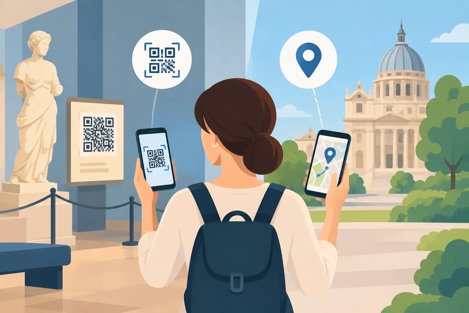 Illustratie over QR-codes en GPS tijdens een cultureel bezoek