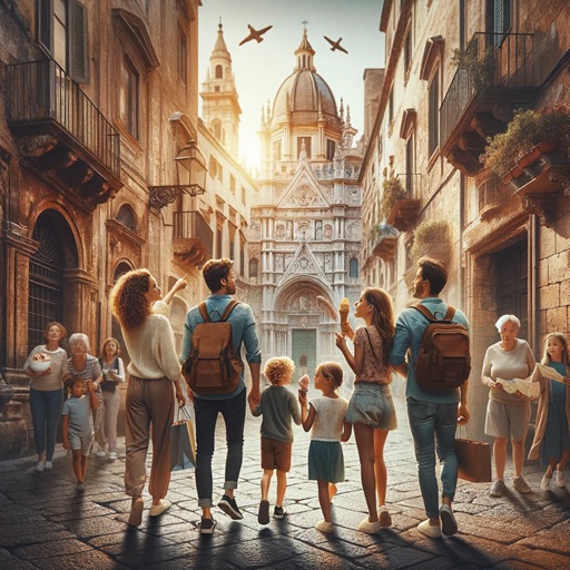 Groupe de personnes qui visitent une ville ancienne